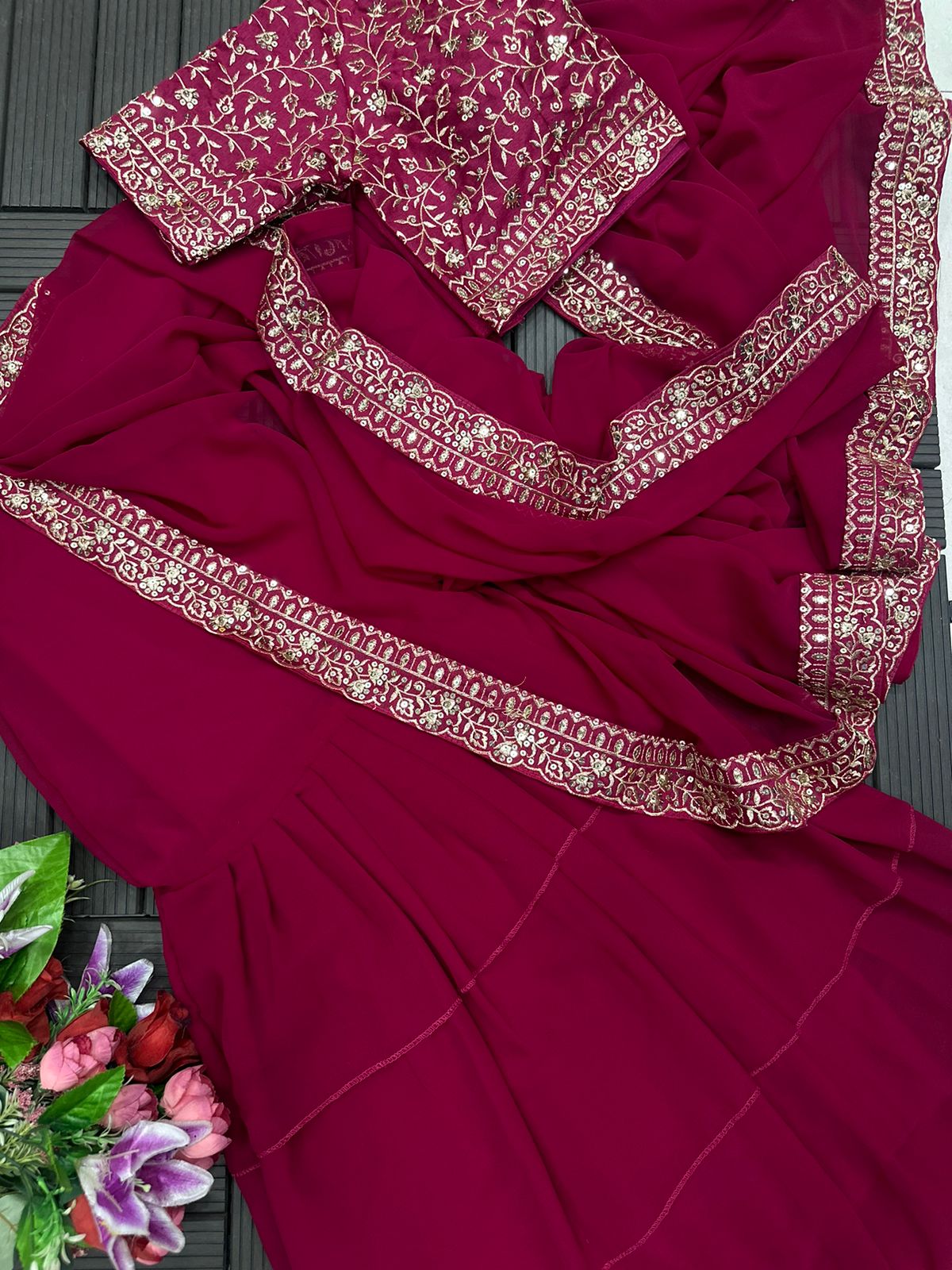 Designer Ruffle Lehenga Saree with Stitched Embroidered Blouse