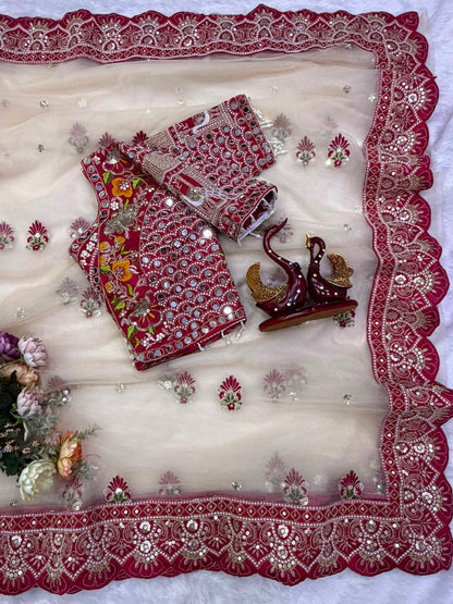Soft Butterfly Net Saree with Sequins & Multi Thread Embroidery | Full Stitch Blouse