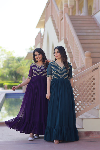 Premium ReadyMade Designer Gown | Faux Blooming Embroidered Party Wear Gown | Rama & Purple