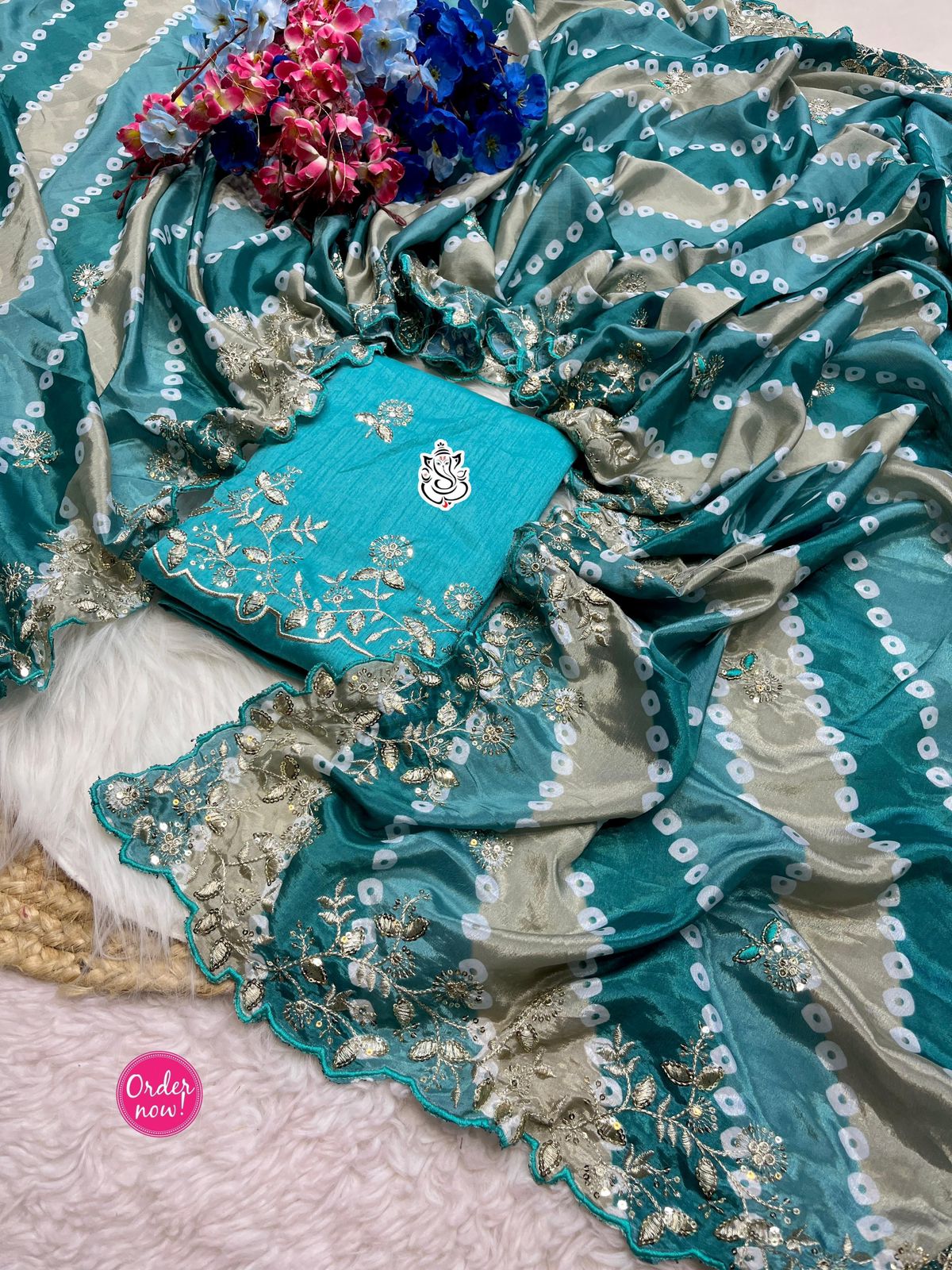 Designer Bandhej Print Silk Saree with Heavy Embroidered Floral Border