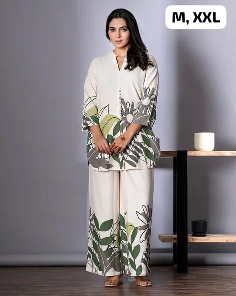 Best Seller Cream Leaf Print Kurti Pant Set | Sizes M to XXL
