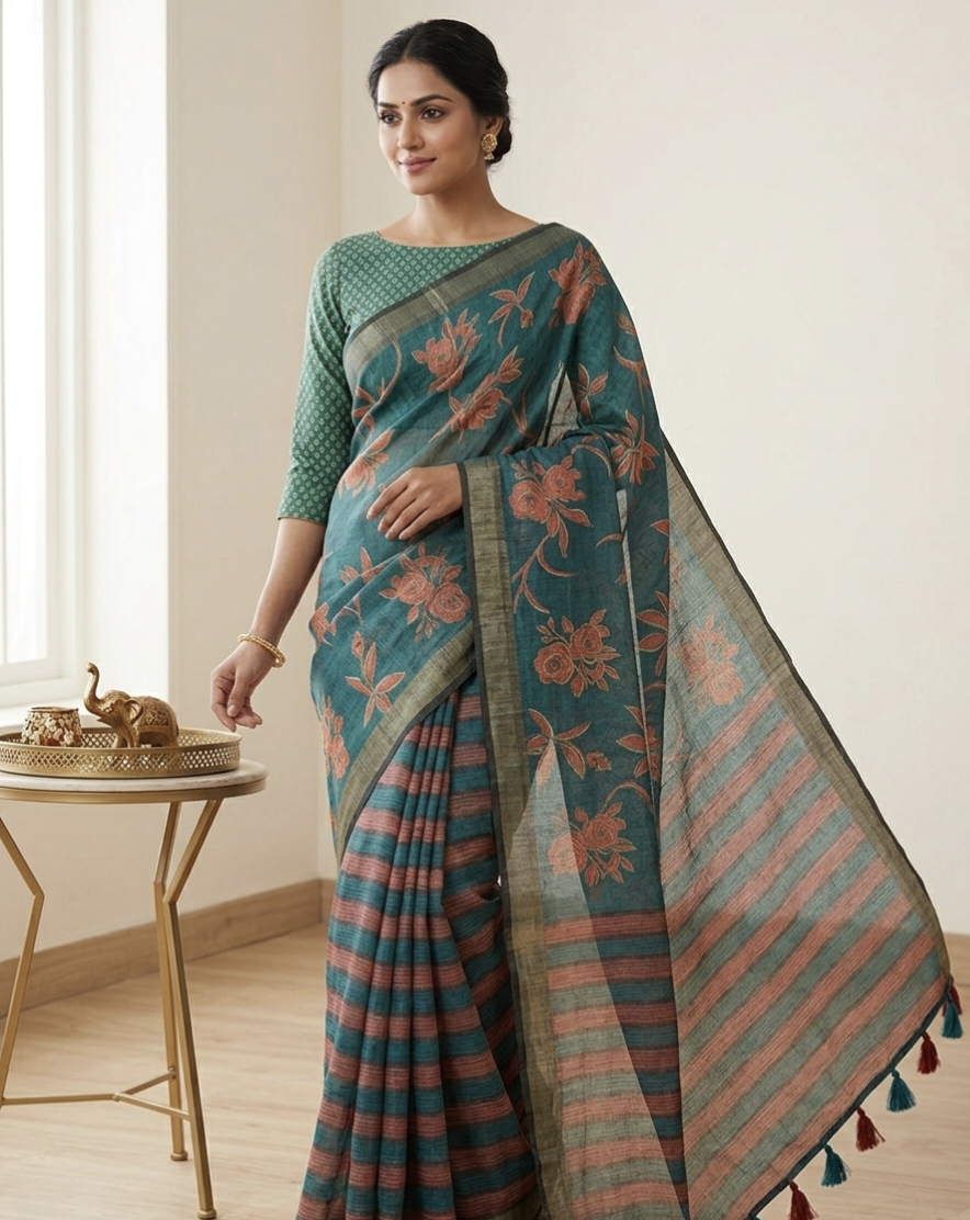 Pure Linen Chanderi Saree with Kalamkari Print & Zari Border