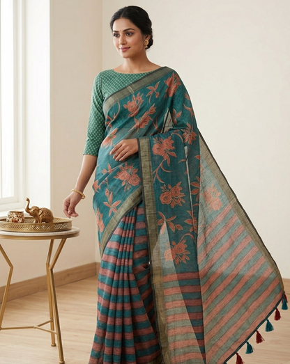 Pure Linen Chanderi Saree with Kalamkari Print & Zari Border