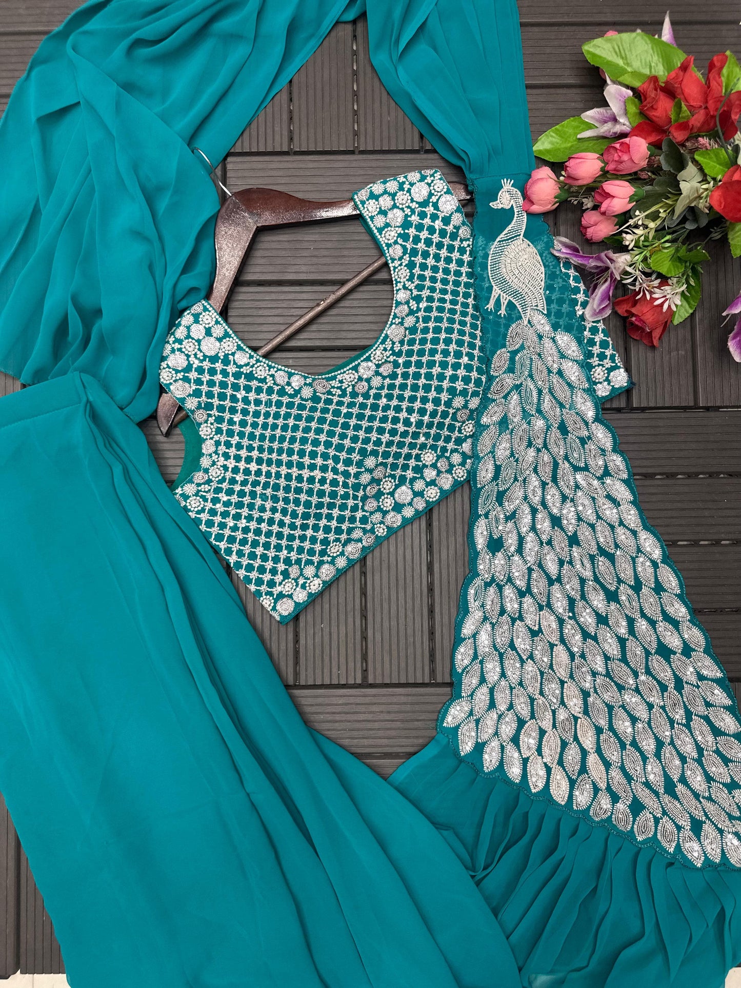 Ready to Wear Embroidered Georgette Saree with Designer Blouse – Teal Green, Mustard Yellow, Rani Pink