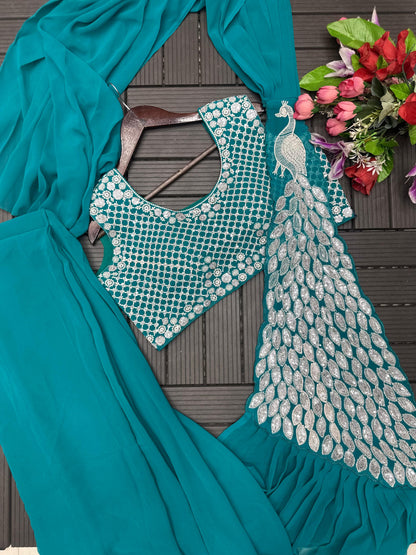 Ready to Wear Embroidered Georgette Saree with Designer Blouse – Teal Green, Mustard Yellow, Rani Pink