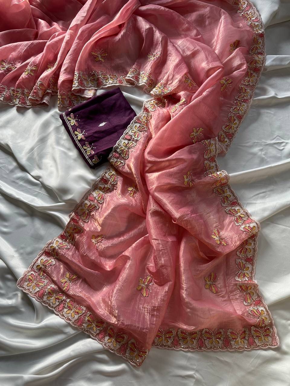 Radha Butterfly Motif Embroidered Crushed Organza Saree
