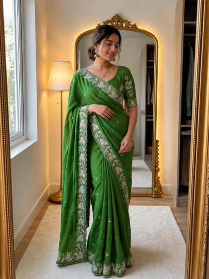 Soft Rangoli Crush Silk Saree with Heavy Sequence & Bits Embroidery | Party Wear Designer Saree