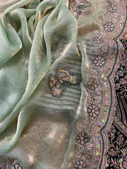 Sabyasachi Inspired Space Silk Saree with Butterfly Embroidery & Stitched Blouse
