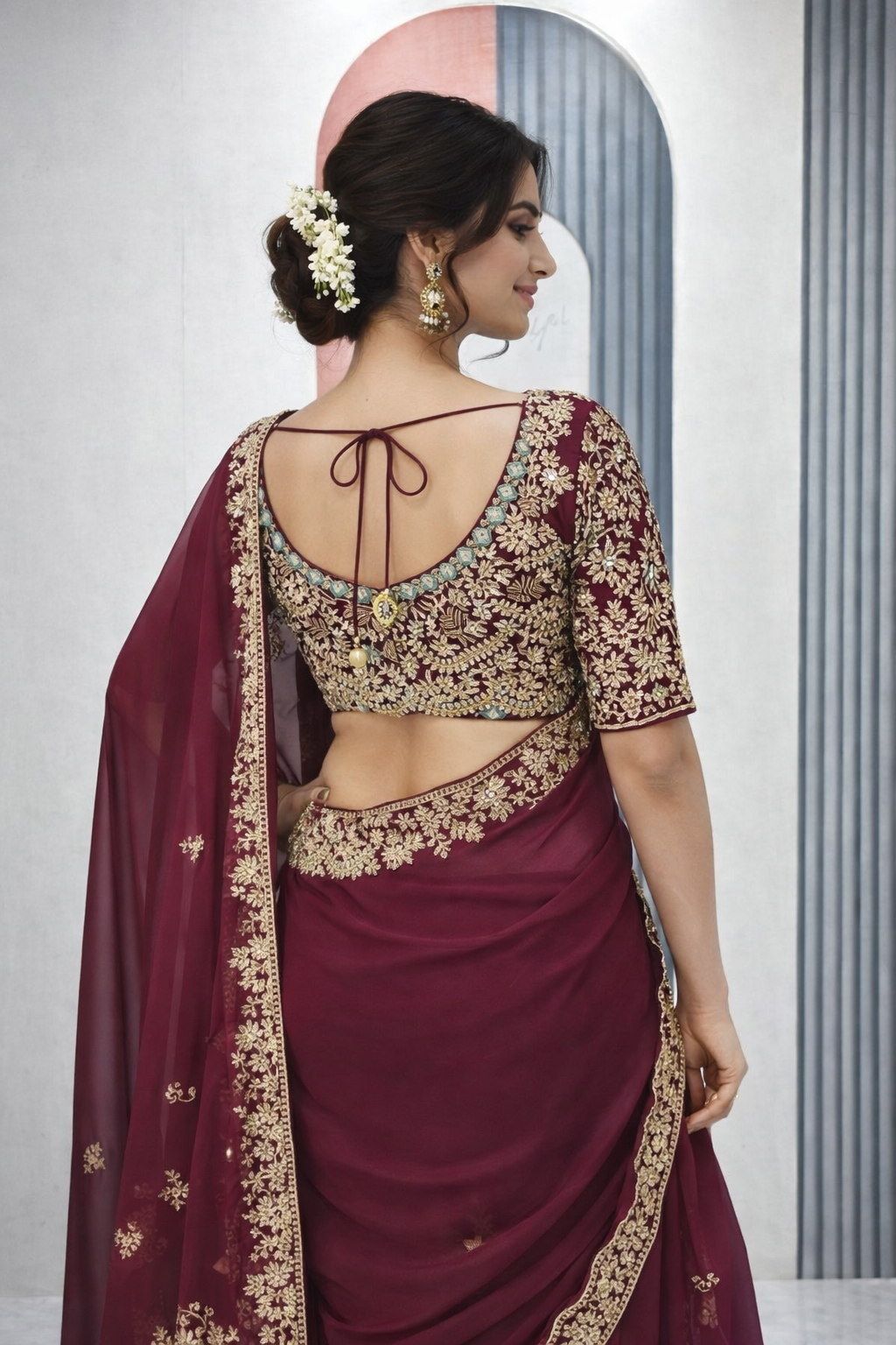 Wine Party Wear Organza Sharara Set with Embroidered Blouse & Stylish Shrug