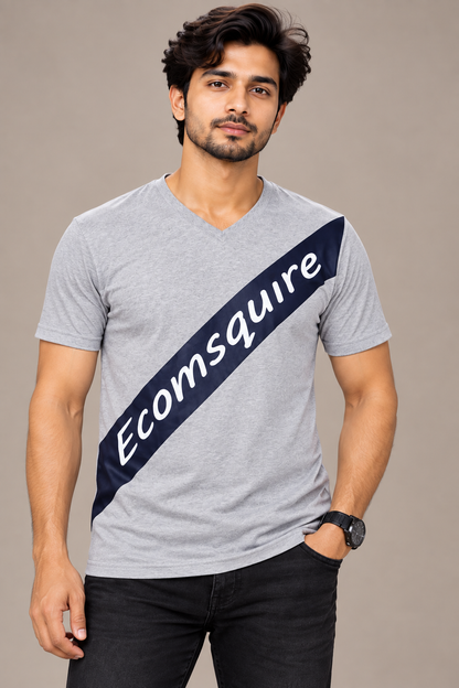 EcomSquire Premium Grey V-Neck T-Shirt with Diagonal Logo Design | Trusted by Customers Across the USA