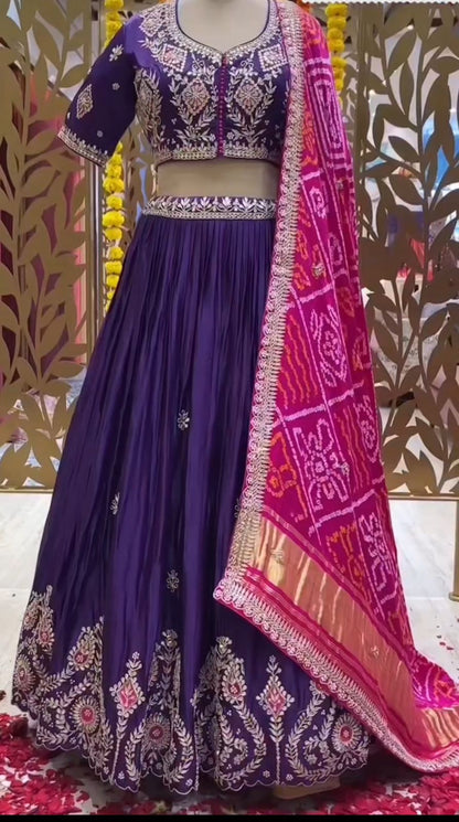 Purple Chinon Embroidery Lehenga Choli with Gotta Patti Work | Full Stitched