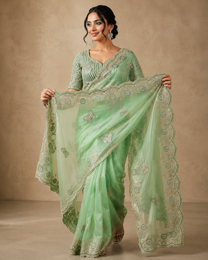 Sabyasachi Inspired Space Silk Saree with Butterfly Embroidery & Stitched Blouse