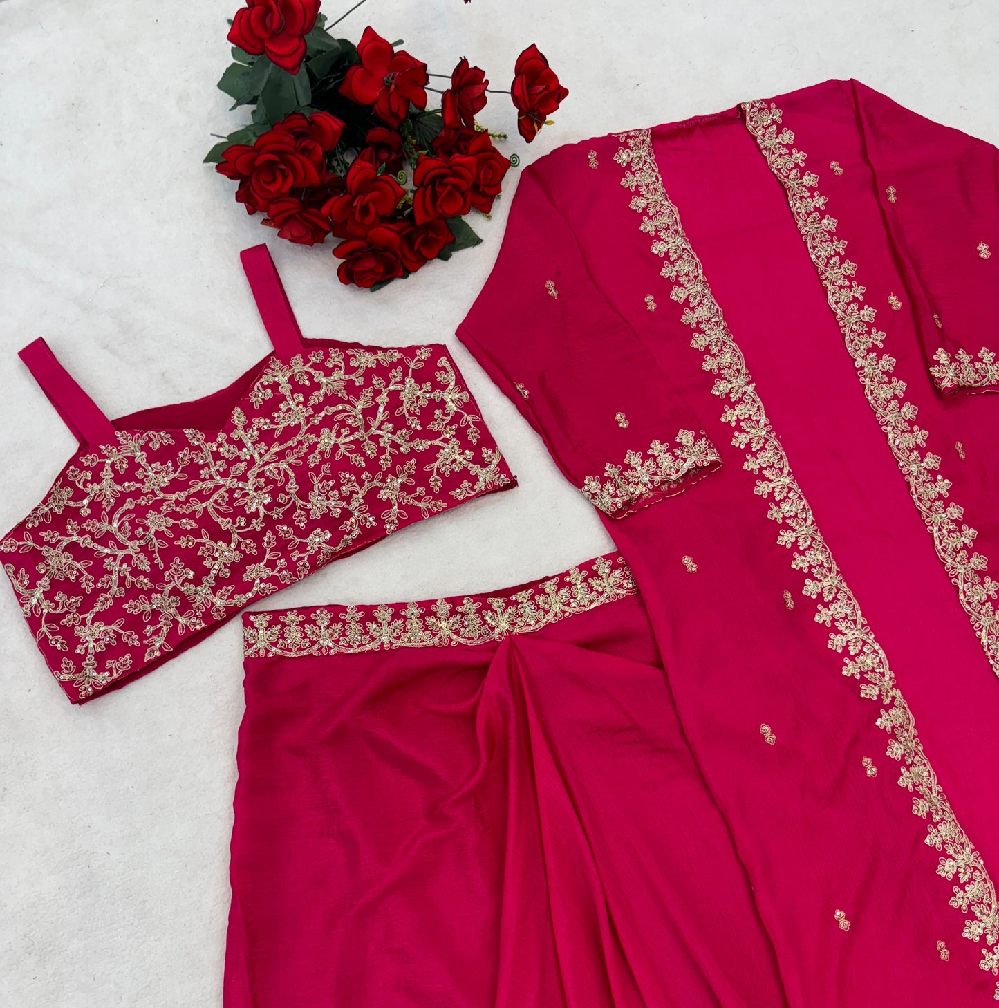 Premium Chinon Silk Embroidered Shrug Sharara Set – Party & Festive Wear