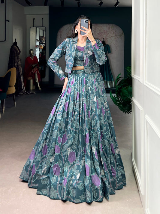 Tasar Silk Printed Lehenga Choli With Stylish Koti Jacket Set