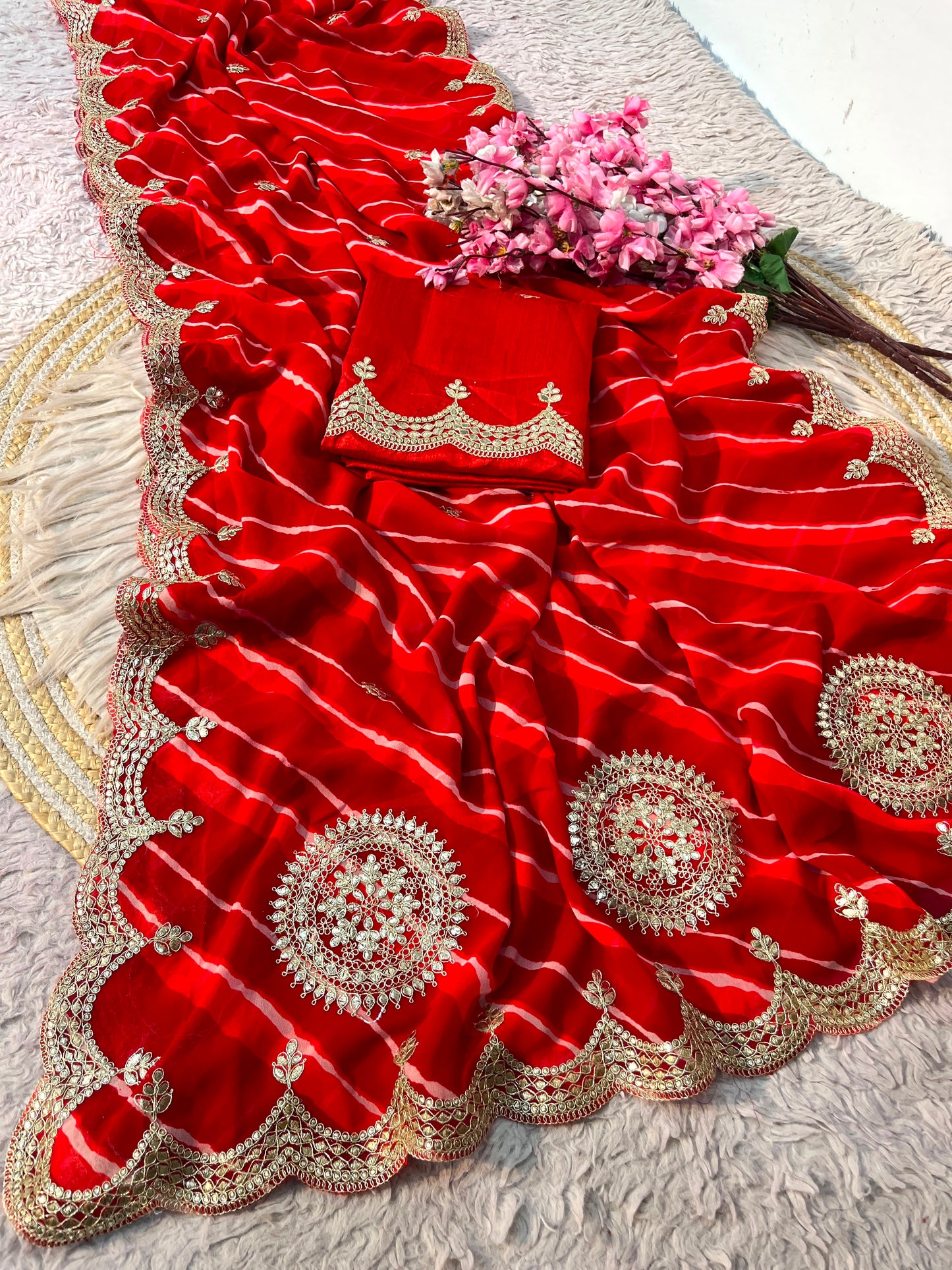 Traditional Leheriya Georgette Saree with Heavy Foil Gota Work & Cutwork Border