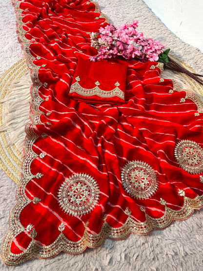 Traditional Leheriya Georgette Saree with Heavy Foil Gota Work & Cutwork Border
