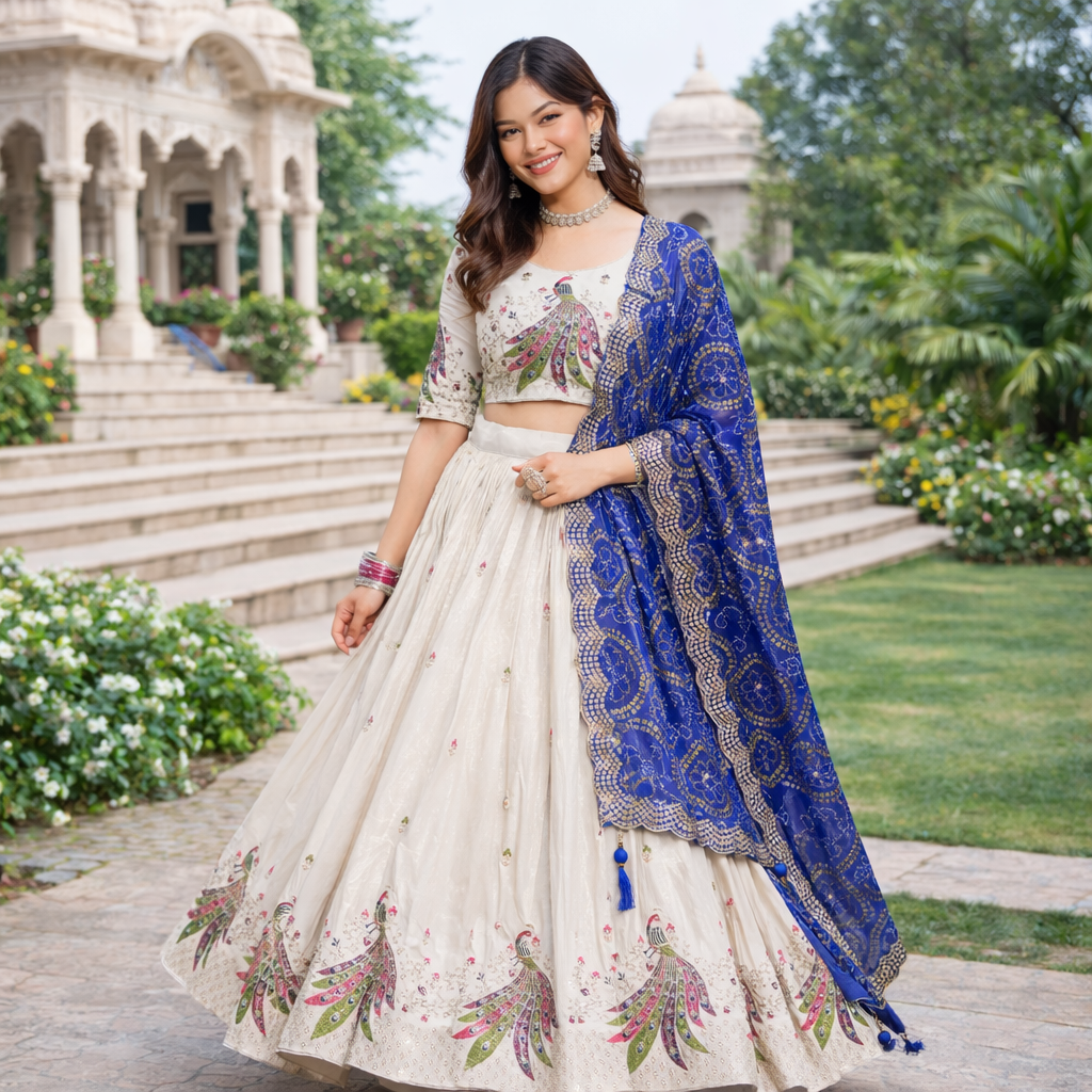 Festival Tissue Silk Lehenga Choli with Embroidery Sequence Work & Bandhej Dupatta