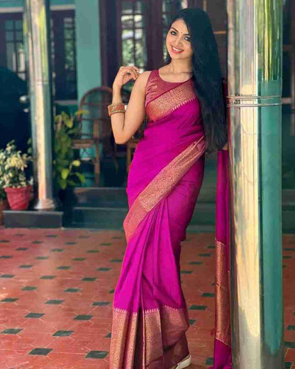 Elegant Pink Silk Saree with Rich Golden Border – Festive & Wedding Wear