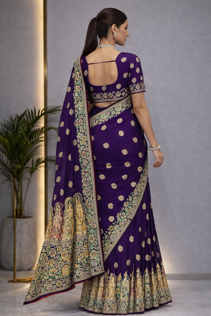 Pure Silk Meenakari Foil Print Designer Saree With Contrast Blouse