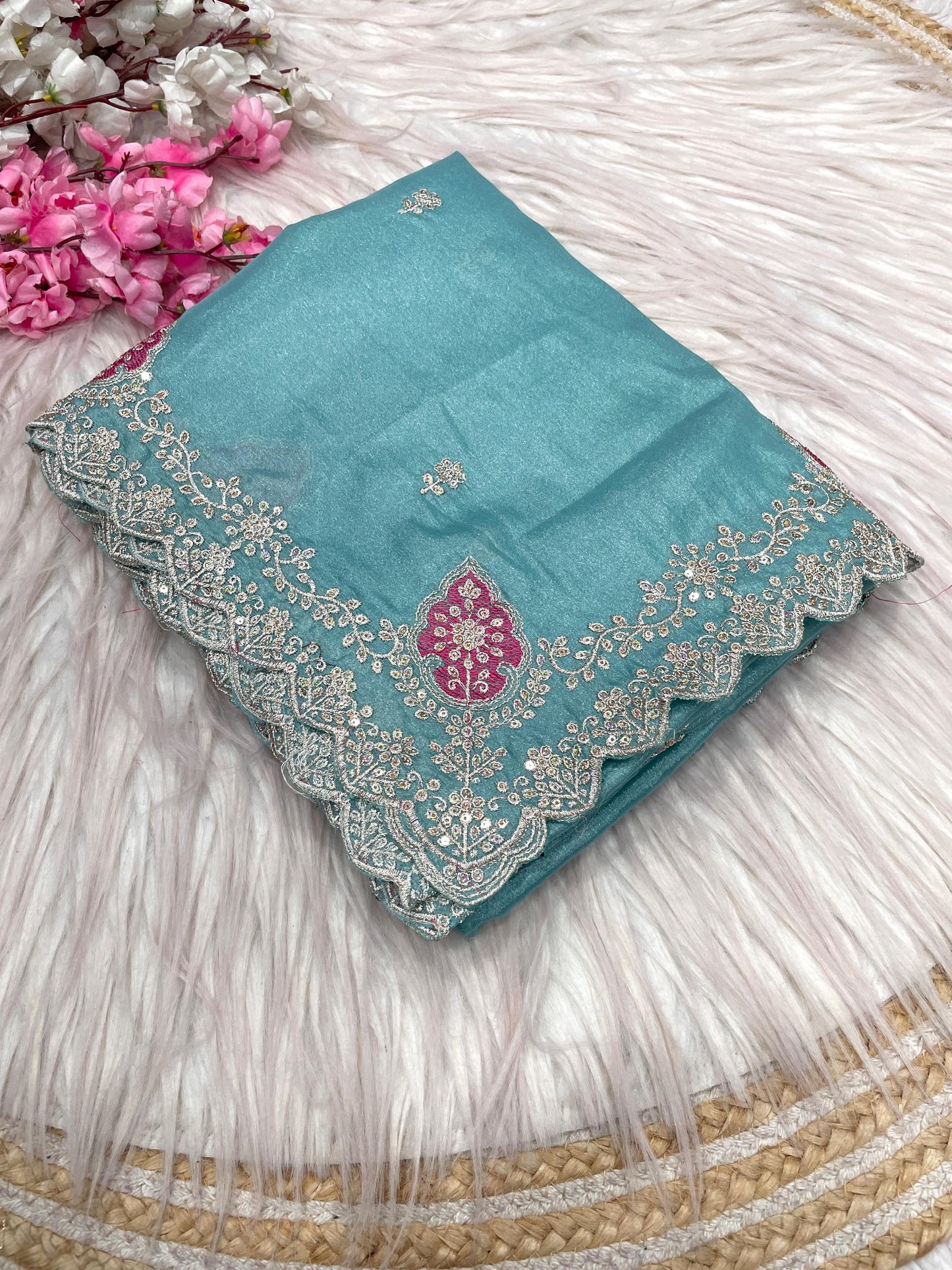 Blooming Chocolate Silk Embroidery Designer Saree With Unstitched Blouse