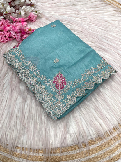 Blooming Chocolate Silk Embroidery Designer Saree With Unstitched Blouse