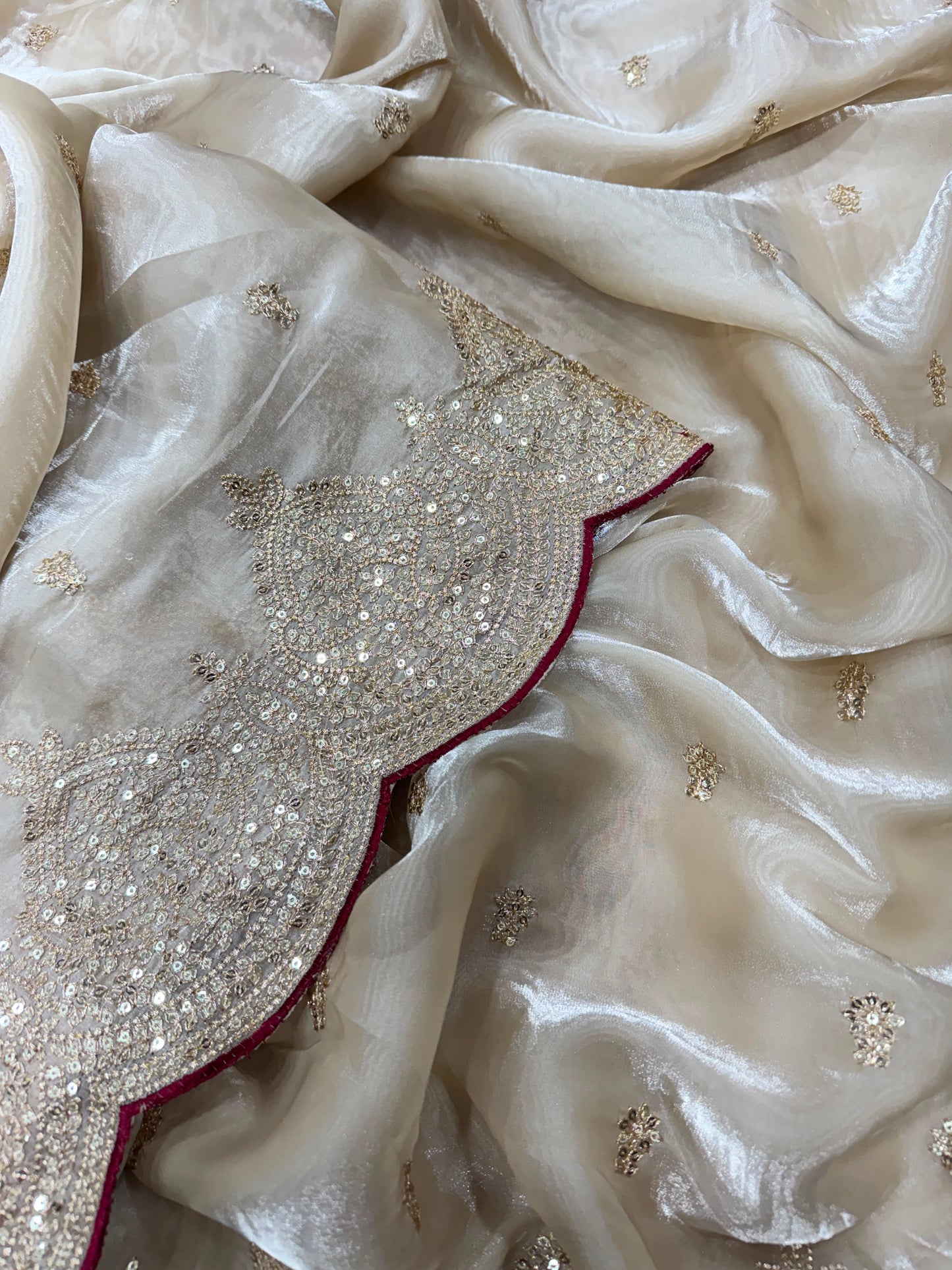 Cream Soft Jimmy Chuu Saree with Sequins & Zari Embroidery Work