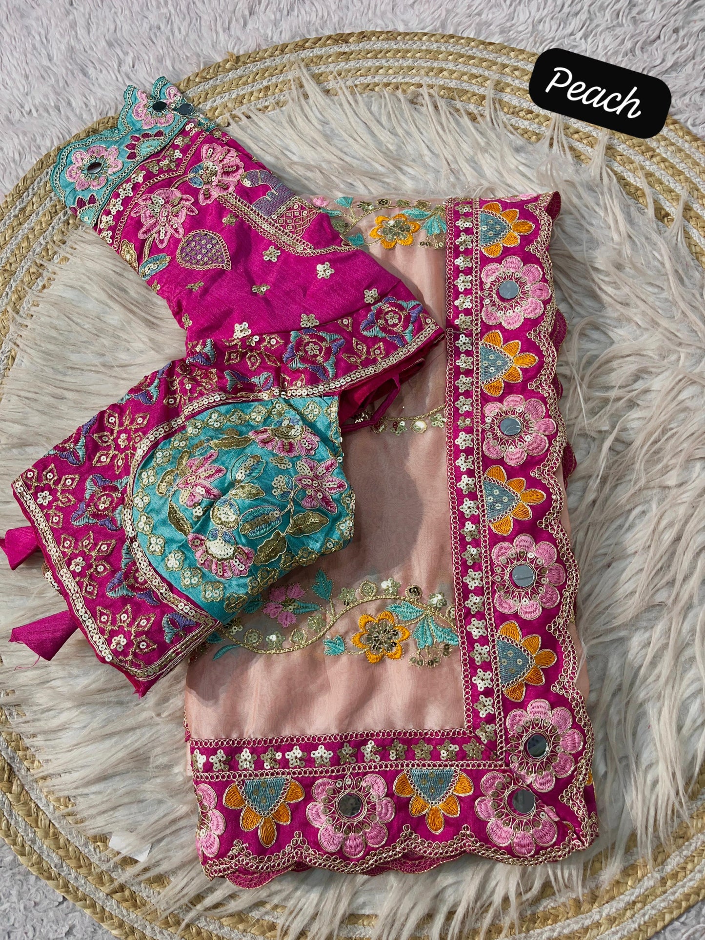 Premium Rangoli Silk Designer Saree with Embroidery & Mirror Work Blouse