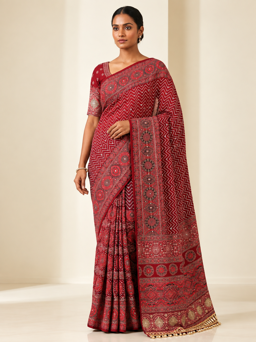 Pure Arjakh Satin Viscose Silk Saree with Original Mirror Work, Designer Print & Blouse