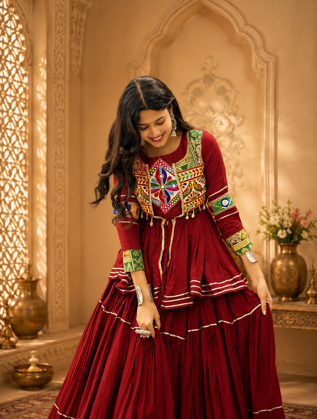 Navratri Gamthi Work Cotton Lehenga Choli with Koti | 9 Meter Flair Mirror Work | Women's Garba Dress