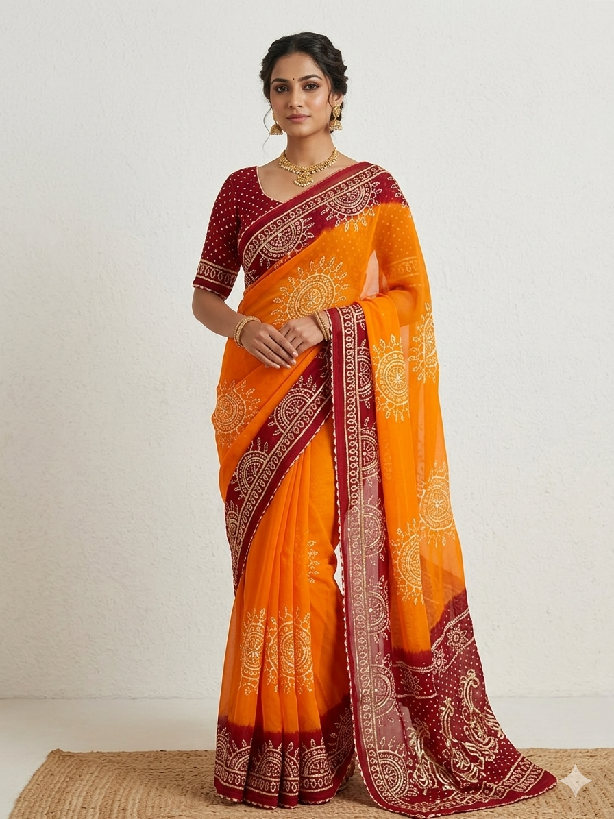 Traditional Georgette Bandhej Piliya Saree with Red Pallu & Kacchi Gota Patti Work