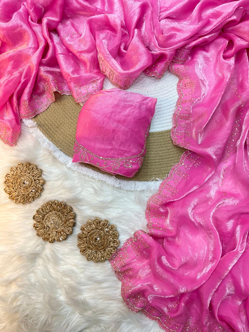 Rupali Pink Space Silk Saree with Hand Jharkhand Cutdana Border & Designer Blouse