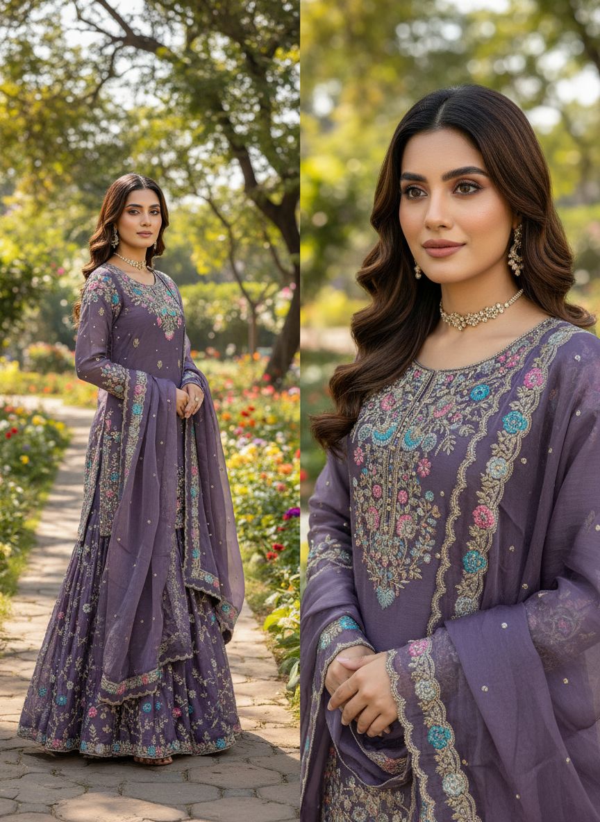 5000 Series Premium JMC Silk Anarkali Sharara Set with Heavy Embroidery & Dupatta