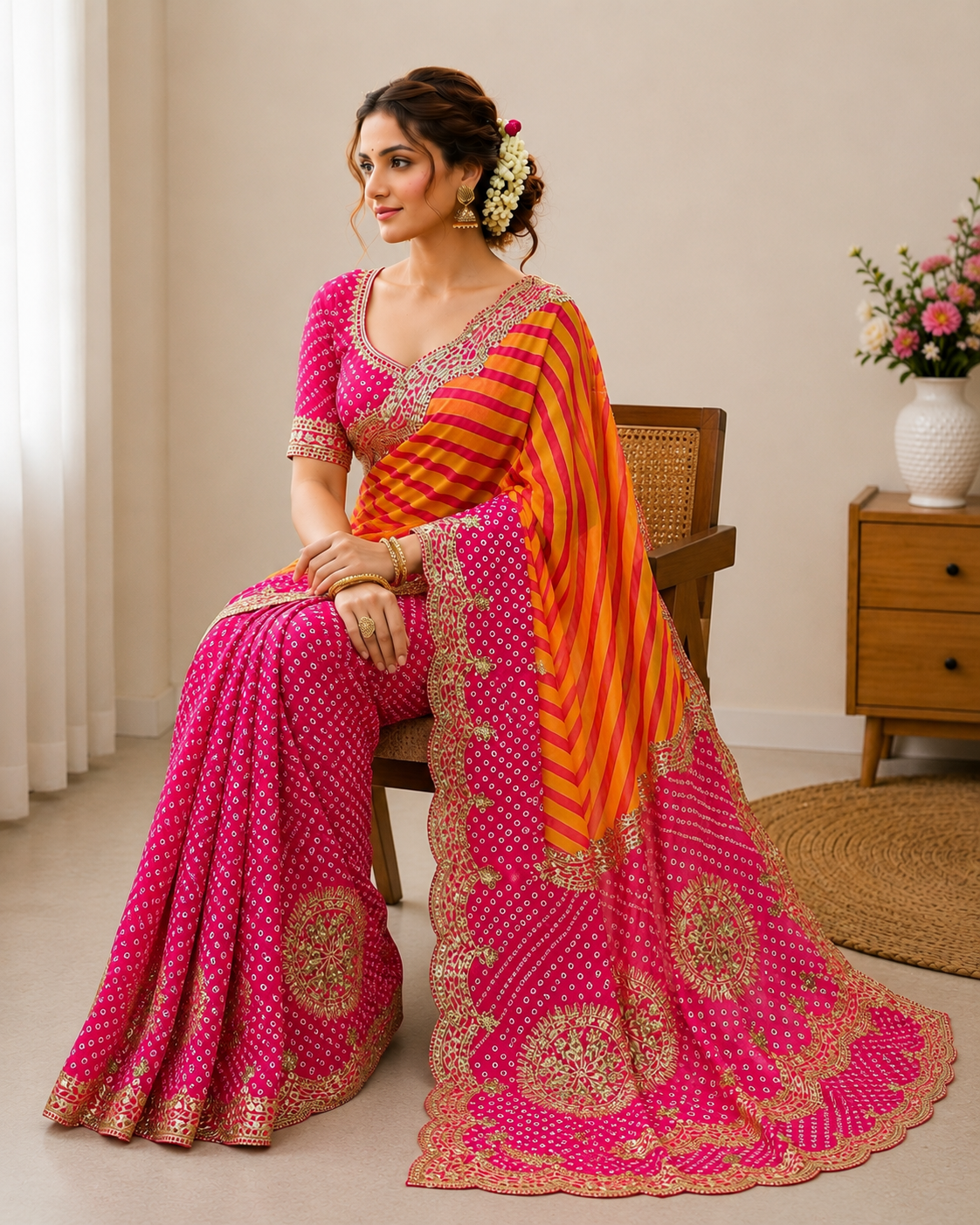 Chinon Digital Leheriya Saree with Heavy Gota Foil Work & Rich Pallu