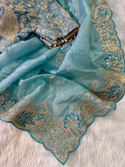 Elegant Crystal Crush Tissue Saree – Designer Embroidered Party Wear