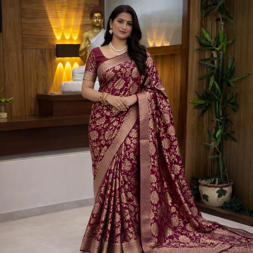 Pure Crepe Khadi Silk Saree With Elegant Zari Weaving & Meenakari Border