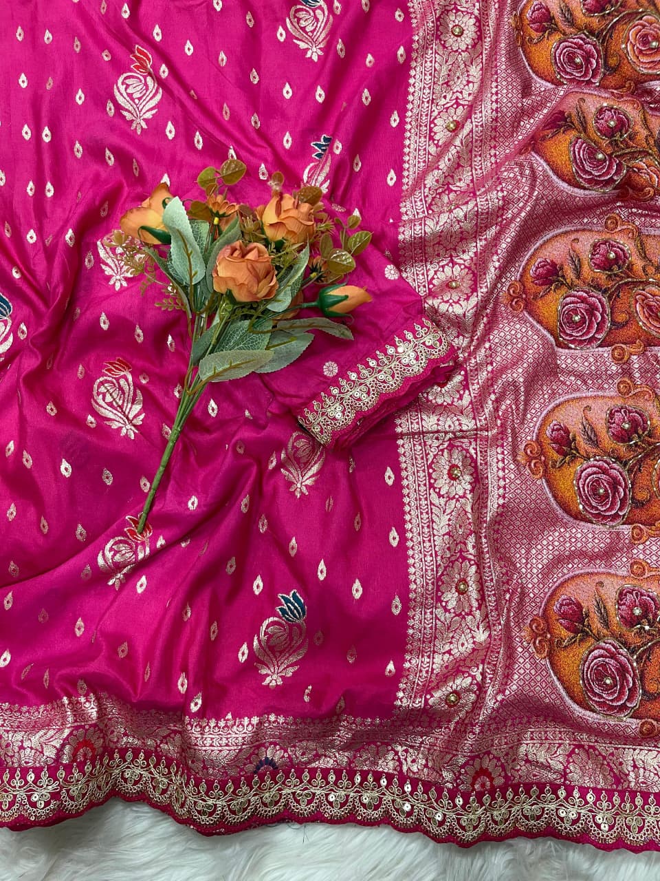 Gulmohar Dola Silk Saree with Zari Weaving & Cutdana Handwork Border