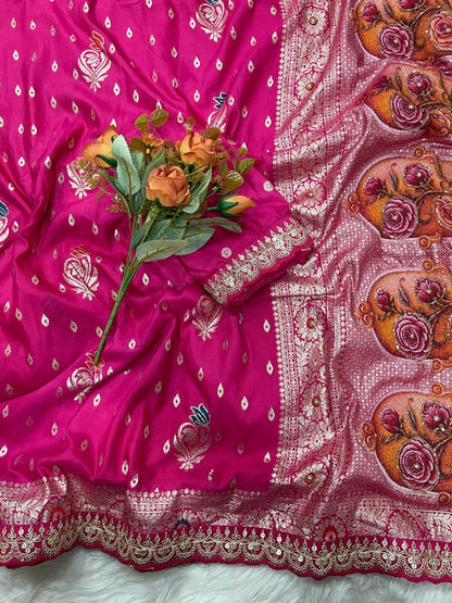 Gulmohar Dola Silk Saree with Zari Weaving & Cutdana Handwork Border