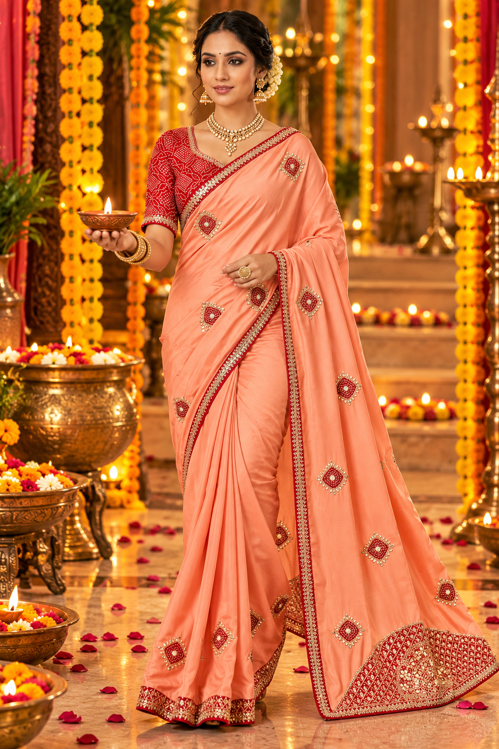 Chinon Saree with Heavy Bandhej Patch Butta & Gotapatti Work