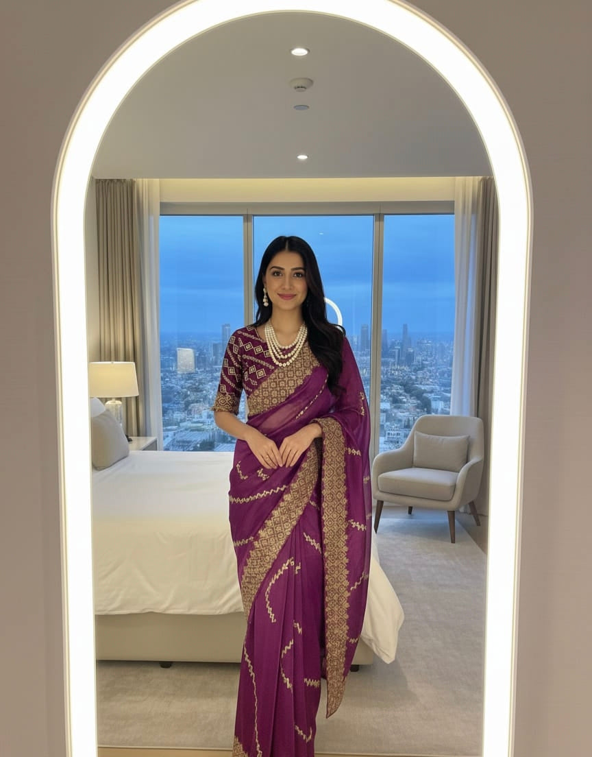 Shanaya Zimmy Choo Silk Saree With Heavy Embroidery Sequence Work & Blouse (Up to 42”)