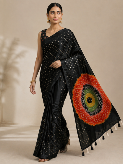 Premium Japan Satin Mirror Work Saree with Tassel Pallu
