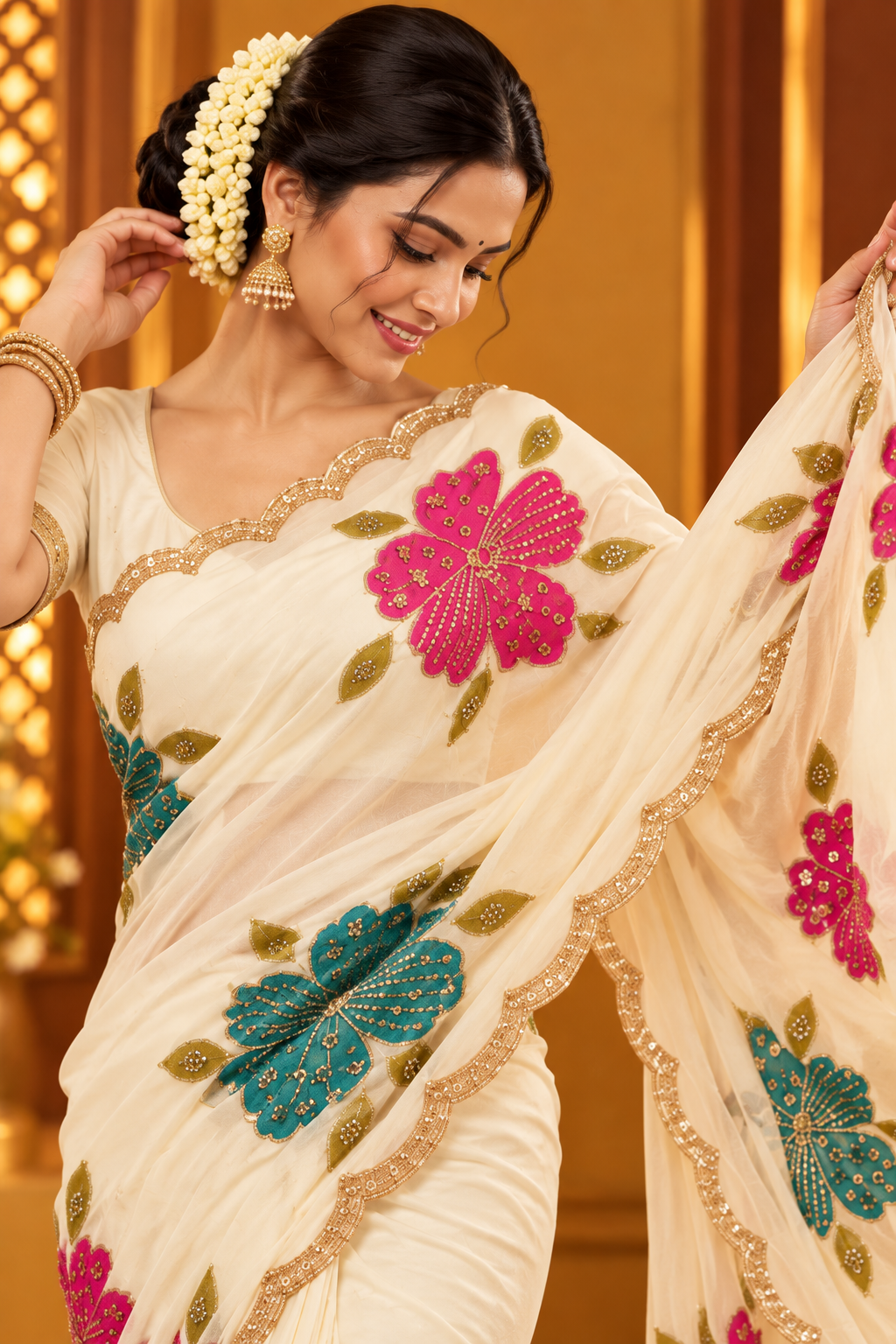 Premium Rangoli Silk Saree with Beads Work, Brush Print & Cutwork Border