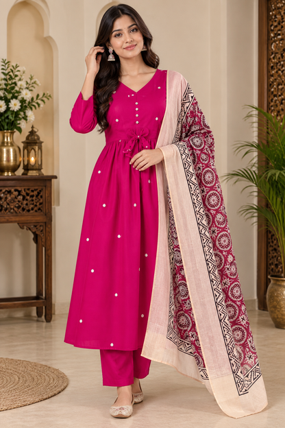 Premium Cotton A-Line Kurta Pant Set with Jaipur Printed Malmal Dupatta