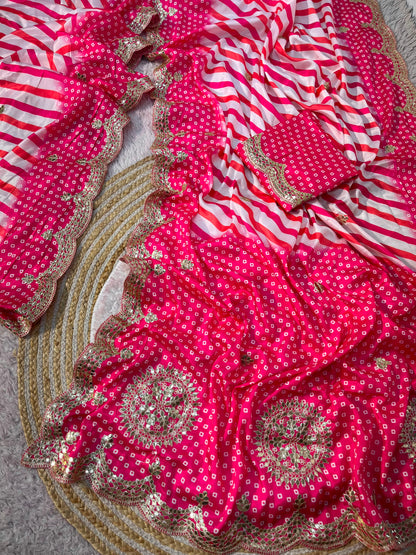 Chinon Digital Leheriya Saree with Heavy Gota Foil Work & Rich Pallu