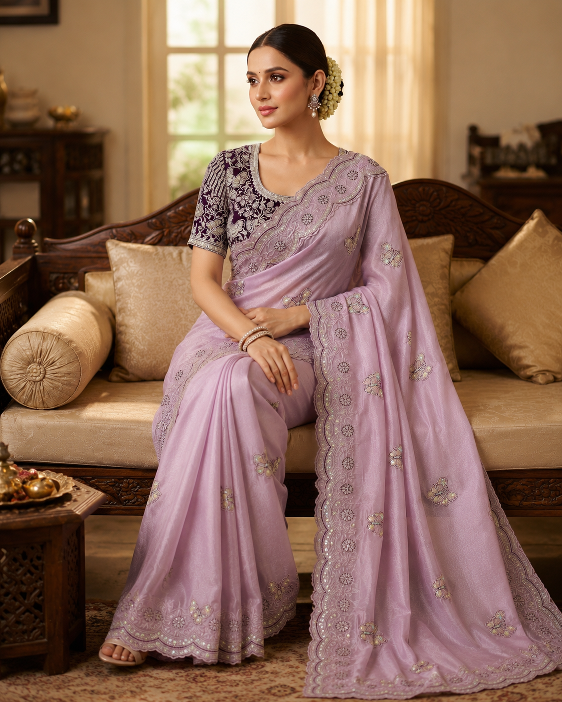 Sabyasachi Inspired Space Silk Saree with Butterfly Embroidery & Stitched Blouse