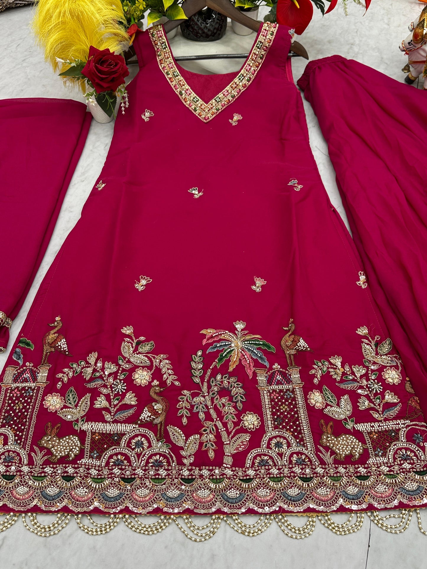 Haldi Special Designer Kurti Plazzo Dupatta Set with Moti & Embroidery Work