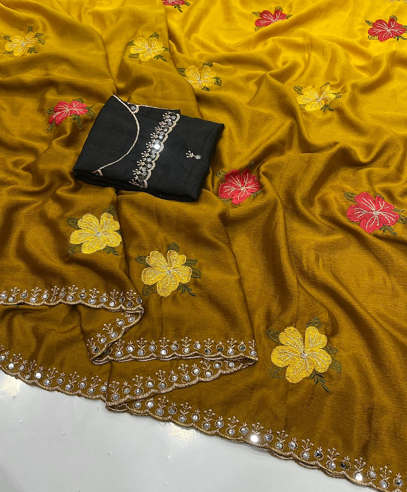 Soft Chinon Dual Shade Silk Saree with Embroidery & Mirror Work
