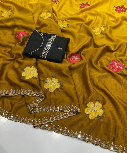Soft Chinon Dual Shade Silk Saree with Embroidery & Mirror Work