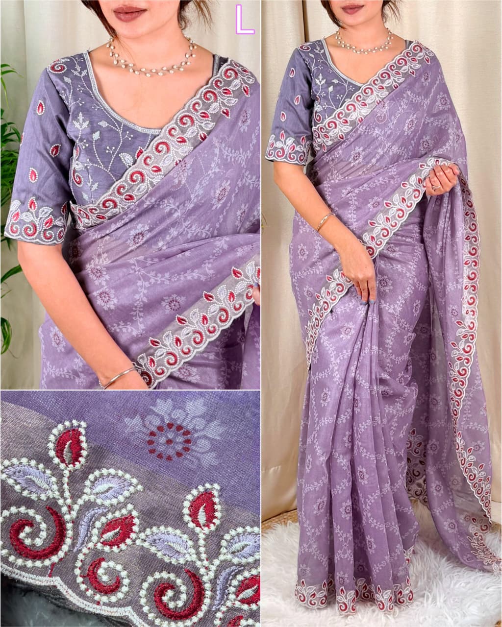 Barfi Cotton Satin Embroidered Saree with Designer Blouse