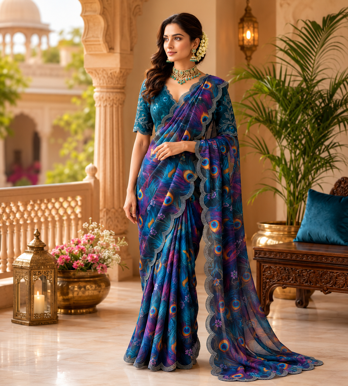 Soft Georgette Mosaic Digital Print Saree with Swarovski Scalloped Border
