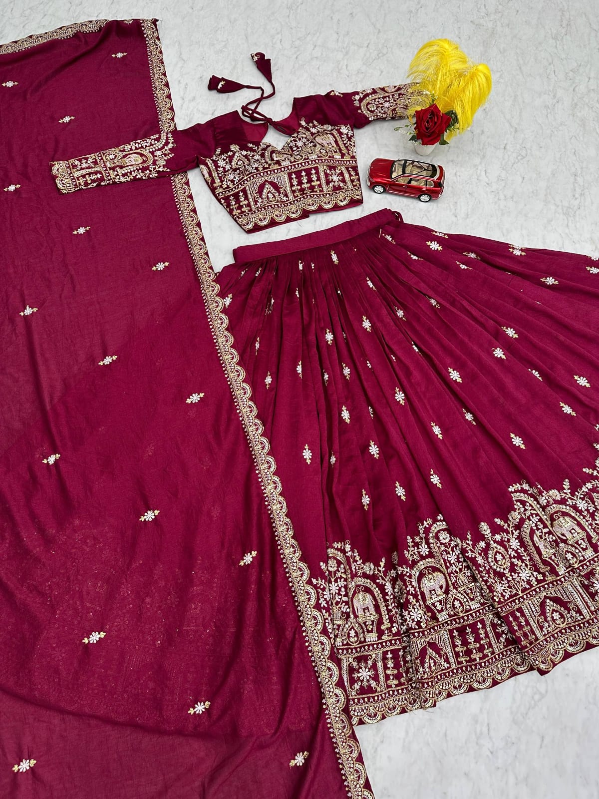 Maroon Heavy Embroidery Vichitra Silk Lehenga Choli